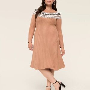 Lane Bryant Camel and White Knit Long Sleeve Sweater Dress